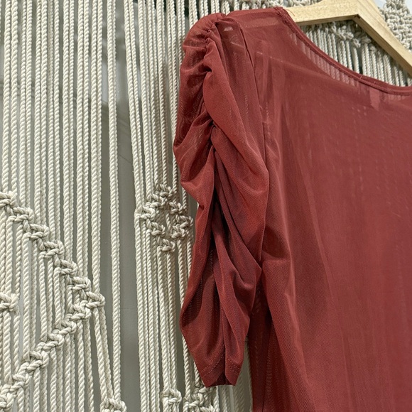 Gemstone Sheer Coral Women's Blouse with Ruched Sleeves - Picture 4 of 5